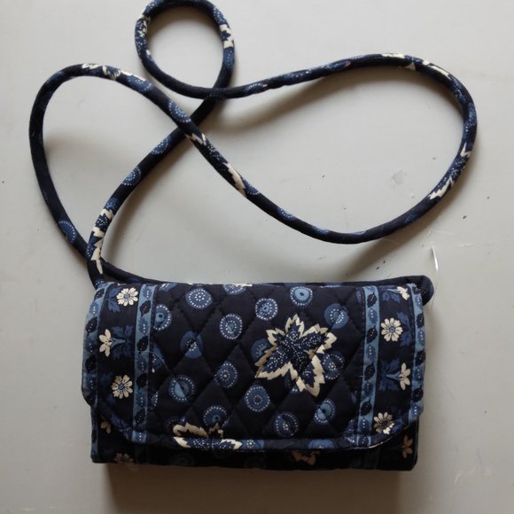 Blue Cotton Fabric Mixed Print Organizer Cross Body Bag - Picture 1 of 4